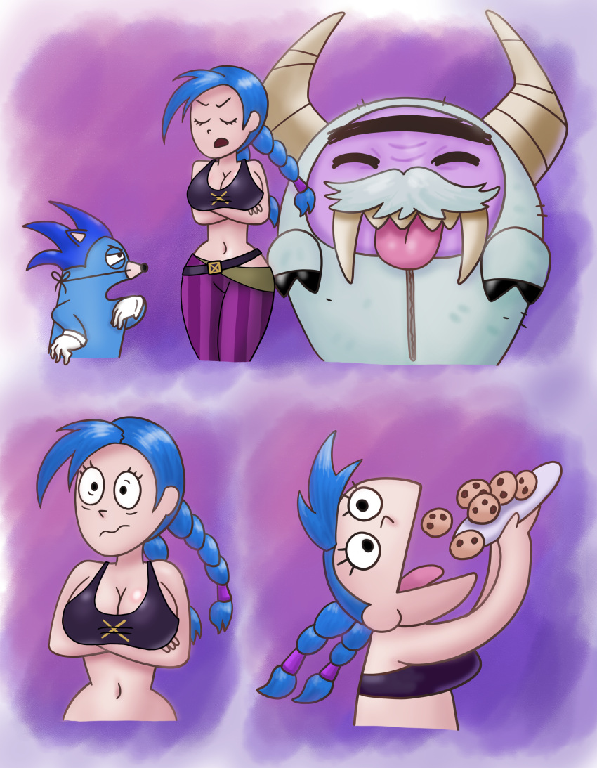 1female 1girls 愤怒 big_breasts black_topwear 辫子_头发 乳房 character_request 饼干吃 front_view jeans jinx_(league_of_legends) league_of_legends light-skinned_female light_skin long_hair 内裤 riot_games saf-404 saf_404 safartwoks safartworks under_boob video_game_character White_background