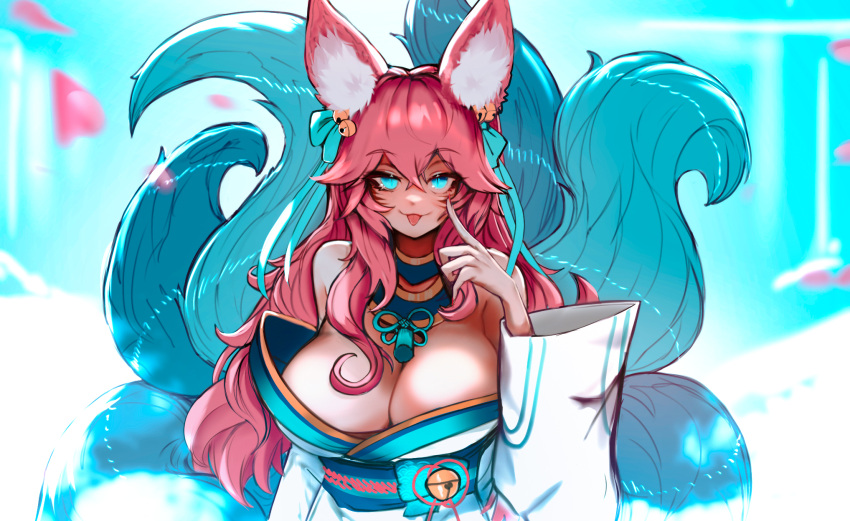 1girl ahri_(league_of_legends) akanbe 动物耳朵绒毛 动物耳朵 裸露肩膀 钟声 蓝色眼睛 蓝色尾巴 蝴蝶结 乳房 乳沟 分离袖子 ehrrr 眼睑拉面部标记 狐狸耳朵 狐狸女孩 狐狸尾巴 头发_铃 头发_蝴蝶结 头发_装饰品 手举 高清晰度 日本衣服 联盟传奇 长发 看着观众 多重_尾巴 指甲_抛光 花瓣 粉色_头发 精神_花_ahri 站立 尾巴 舌头 舌头_伸出 上半身 胡须_标记