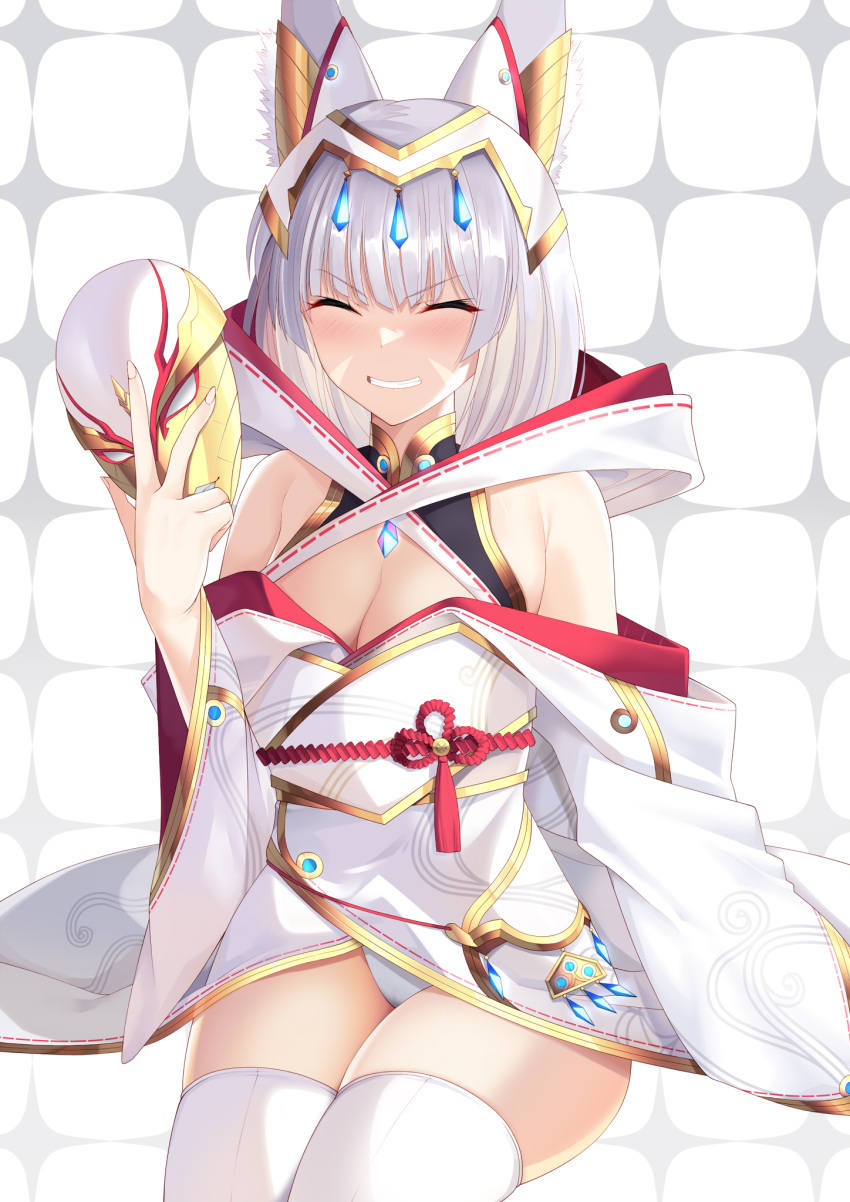 1girl 1girl 荒诞_res 诱人裸露肩膀脸红猫耳朵猫女孩圆环乳沟乳沟核心水晶戴夫连衣裙女仅金色面具笑容高清晰度臀部拿着控股面具兜帽连帽连衣裙沙漏人物和服kou45210607长袖面具中型乳房尼亚尼亚_（刀片）尼亚_（刀片）_（异种刀片） ) nia_(xenoblade) 任天堂 open_mouth 女王 red_hood皇室短裙 短发 银发 简单_背景 微笑 丝袜 丝袜 牙齿_露出粗大腿 大腿 白色连衣裙 白色和服 白色丝袜 白色大腿 高 宽臀 xenoblade_(系列) xenoblade_chronicles_3