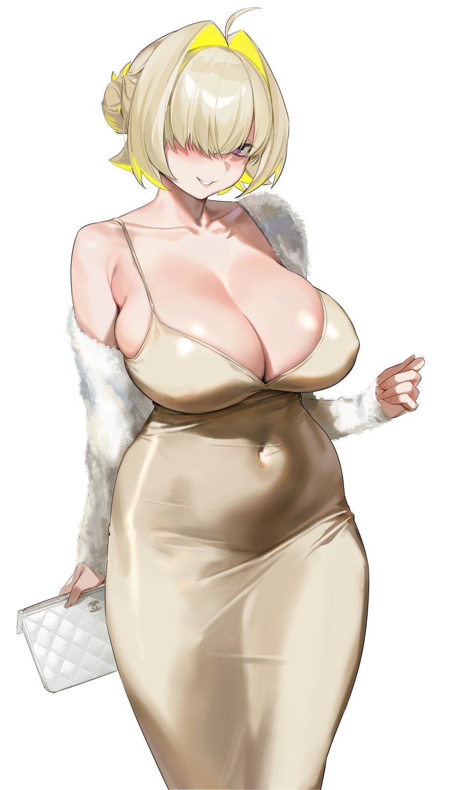 1girl 1girl ahoge 交替_服装 手臂_折痕 金发_头发 腮红 乳房 乳沟 锁骨 覆盖_肚脐 连衣裙 elegg_(nikke) 毛皮夹克 女神_胜利：_尼克 头发发髻 头发摄入量 头发覆盖单眼 高清晰度 巨大的乳房 夹克 浅棕色头发 看着观众 多色头发 独眼覆盖 粉红磨坊 简单背景 单人裸肩 单人_side_bun 皮肤凹痕微笑条纹_头发绷紧_衣服绷紧_连衣裙两色_头发白色_背景