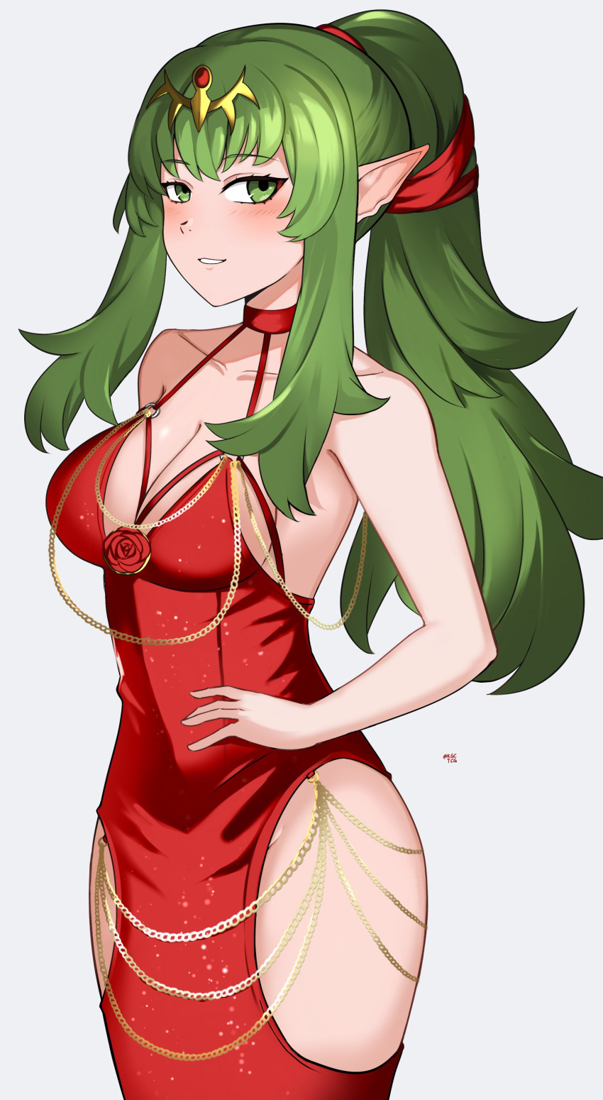1girl 1girl 1girl 诱人的替代服装 乳沟连衣裙 Female_only fire_emblem fire_emblem_awakening green_eyes green_hair kgctcgmedium_breasts nintendo pointy_ears 马尾辫 red_dress 大腿 tiki_(adult)_(fire_emblem) tiki_(fire_emblem)
