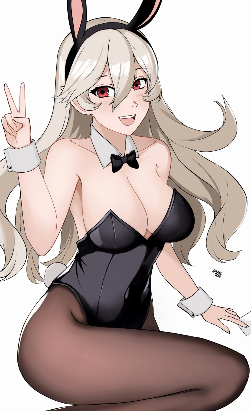 1girl 1girl 1girl 诱人的altern_costume big_breasts bunny_ears bunny_girl bunnysuit corrin_(fire_emblem) corrin_(fire_emblem)_(female) Female_only fire_emblem fire_emblem_fates 头发头带 kgctcg long_hair 任天堂 open_mouth red_eyes v White_hair