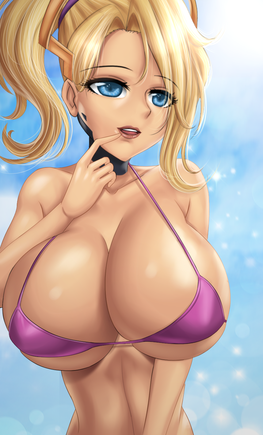 1girl 1girl alter_breast_size big_breasts 比基尼 blizzard_(company) 金发女郎 头发 蓝色云朵 蓝色眼睛 胸罩 乳房 棕色嘴唇 天 女性焦点 花xl 高清晰度珠宝 看着_观众 怜悯_(守望先锋) 项链 守望先锋 守望先锋_1 马尾辫 紫色_胸罩 诱人_微笑 微笑 泳装 内衣 宽臀