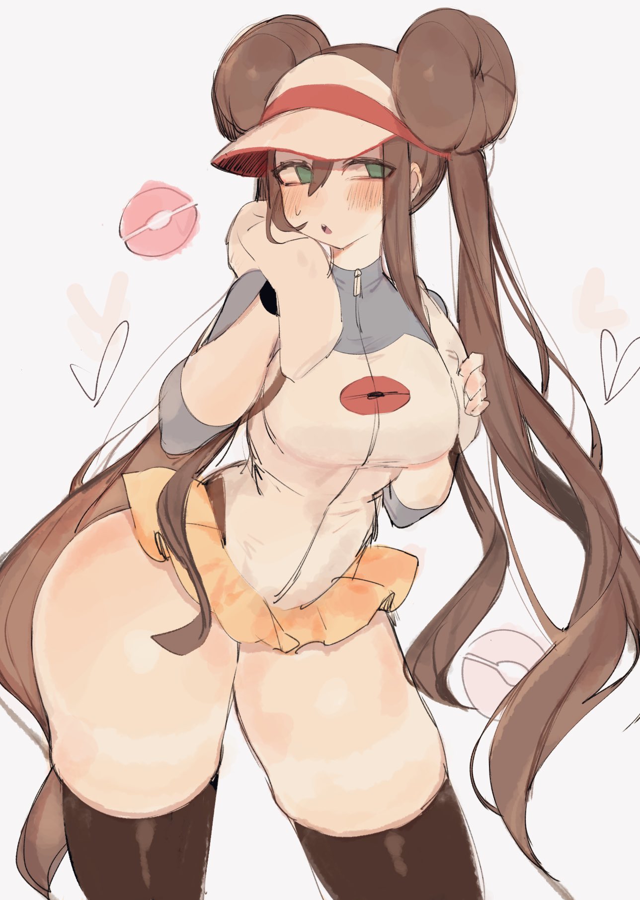 1girl big_breasts black_thighhighs 腮红 乳房 Brown_hair 生物_（公司） double_bun game_freak green_eyes hair_bun 高分辨率夹克 long_hairlooking_at_viewer nintendo pokemon pokemon_bw2 rosa_（pokemon） 侧锁 裙子 丝袜 汗 粗大腿 大腿 track_jacket twin_tails usa37107692very_long_hair visor_cap Wide_hip s 擦汗 黄裙子