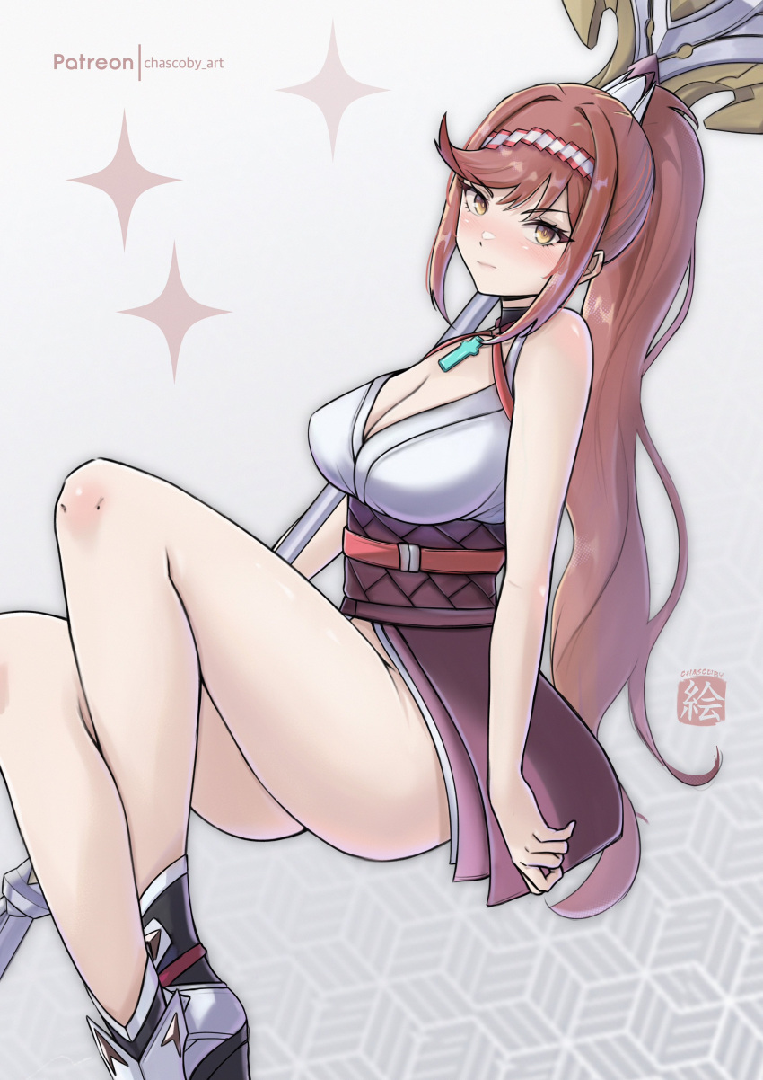 1girl absurd_res 诱人艺术家_name bare_legs 查斯科比乳沟外套 core_crystal_(xenoblade) glimmer_(xenoblade) high_res long_hairlooking_at_viewermedium_breasts nintendo 马尾辫 red_eyes v-shapes_eyebrows very_long_hair White_coat xenoblade_(series) xenoblade_chronicles_3