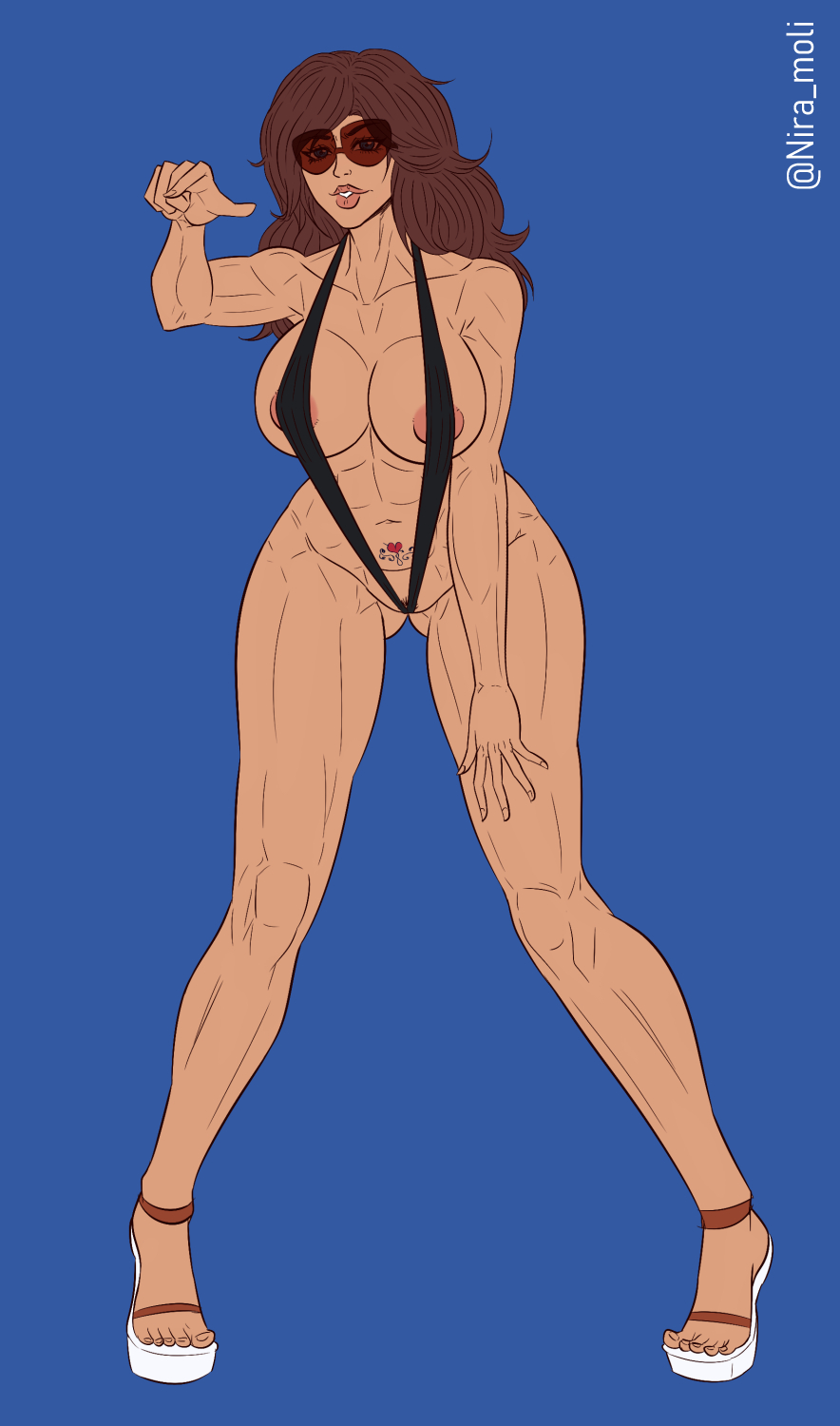 1girl 诱人 运动女性 裸腿 大乳房 棕色头发 乳沟 女性腹肌 适合女性 高跟鞋 卡塔琳娜阿尔维斯 南宫尼拉莫利 吊带比基尼 太阳镜 铁拳