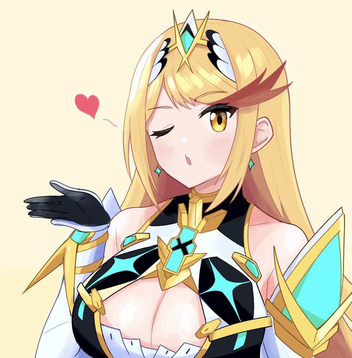 1girl bare_shoulders big_breastsblood_hairblowing_kissblush chest_jewel cleavage cleavage_cutoutclothing_cutoutcommentary_request dressearringshoub_glovesfrieren_blowing_a_kiss_（meme）手套心high_res珠宝long_hairlooking_at_viewermememythra任天堂one_eye_closeopen_mouthplume_ssbusweet_bangswhite_gloves_ （系列）xenoblade_chronicles_2 Yellow_eyes