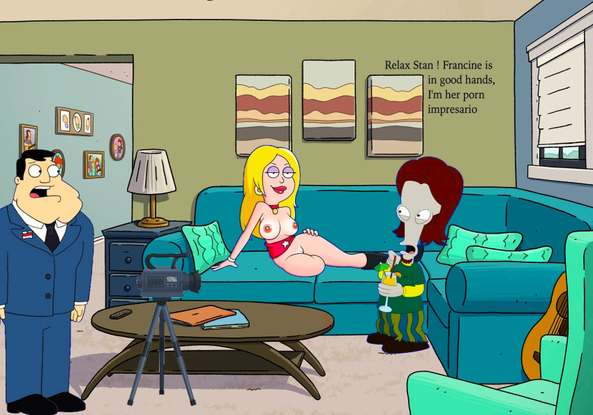 american_dad 靴子 乳房 直立乳头 francine_smith red_lipstick roger_(american_dad) shaved_pussy stan_smith 大腿