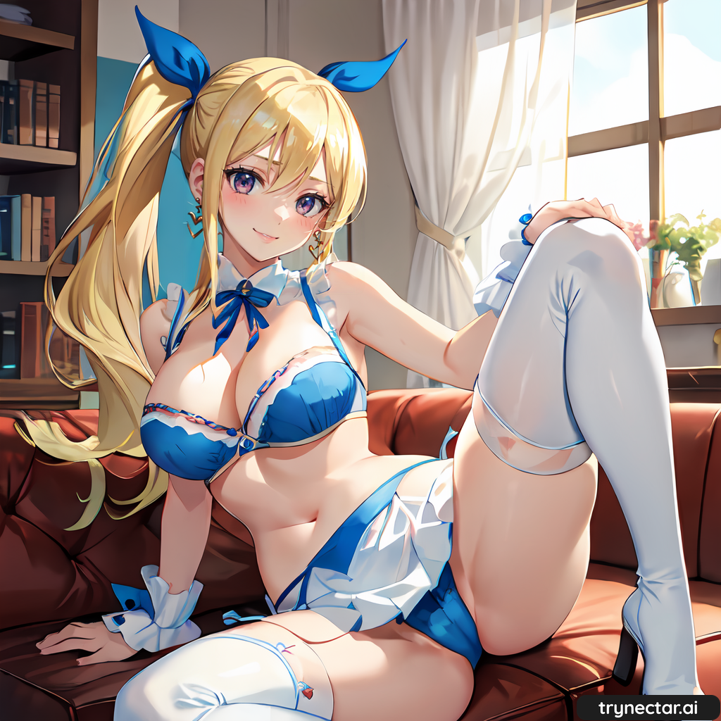 1girl ai_generate big_breasts 金发女郎 头发 乳房 童话尾巴 Female_only lucy_heartfilia 马尾辫 侧展腿 trynectar.ai 内衣