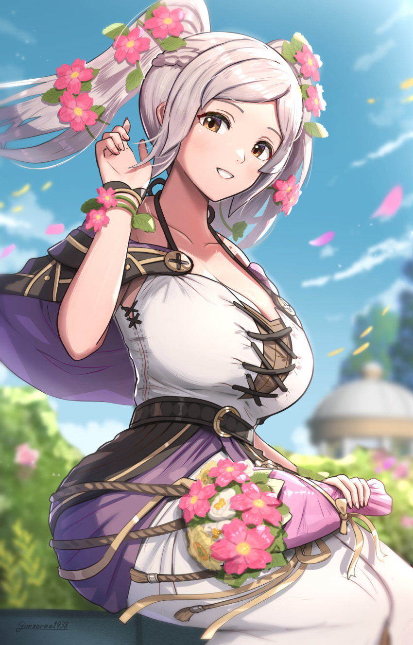 1girl 荒诞_RES 诱惑大胸 棕色_眼睛 连衣裙 fire_emblem fire_emblem_awakeningflowers_on_head gonzarez high_res robin_(fire_emblem) robin_(fire_emblem)_(female) silver_hair twin_pigtails