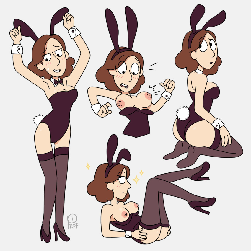 1girl black_legwear black_stockings 腮红 乳房 Brown_hair 黑发 bunny_ears bunny_girl bunny_tail bunnysuit embarrassed_female 暴露_breastfemale_only 鞋类 grin hilda_(series) Johanna_(hilda) Legs_up 腿装 png profannytea 诱惑鞋 丝袜 Surrised_look Thin_Female