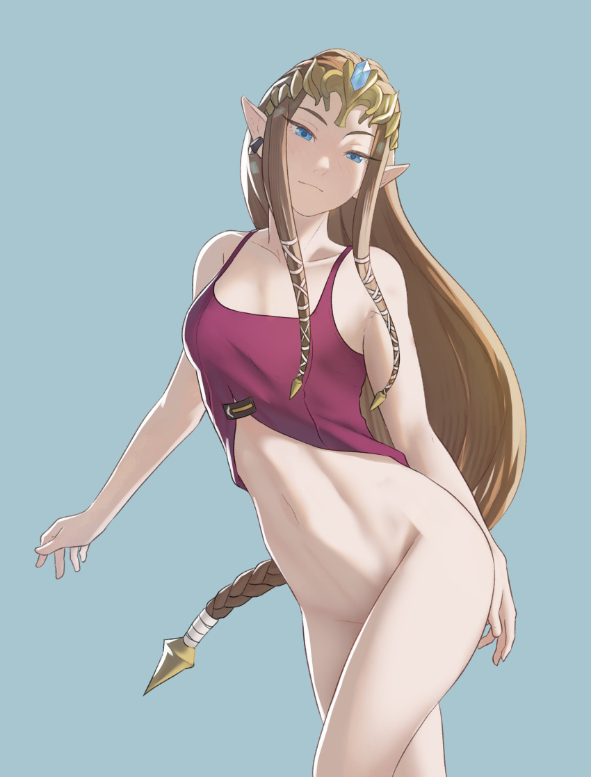 1girl bare_legs bare_thighs blue_eyes 辫子乳房 Brown_hair Female_only long_hair bare_from_the_waist_down 任天堂 pointy_ears 柚子 princess_zelda Small_breasts smile the_legend_of_zelda 大腿 twilight_princess very_long_hair zelda_(twilight_princess)