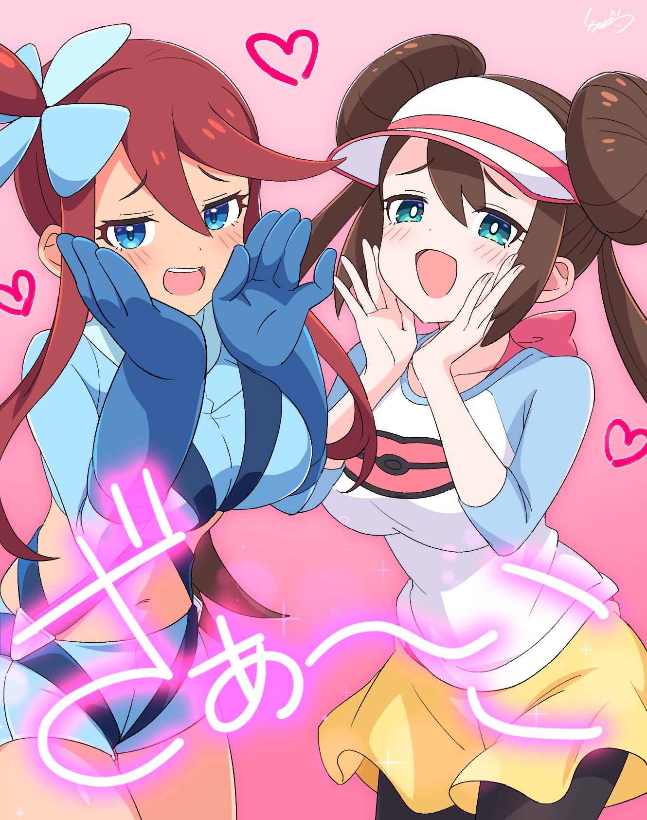 2_girls :d aqua_eyes big_breasts blue_eyes blue_gloves 腮红乳房 Brown_hair commentary_request 生物_（公司） double_bun game_freak 手套gradient_background hair_bun heart high_res kamuraaa_615 long_hair multiple_girls 肚脐 nintendo open_mouth Pink_background pokemon pokemon_bw pokemon_bw2 red_hair 短s skyla_(口袋妖怪) 微笑牙齿 twin_tails upper_teeth_only visor_cap 黄色_短裤