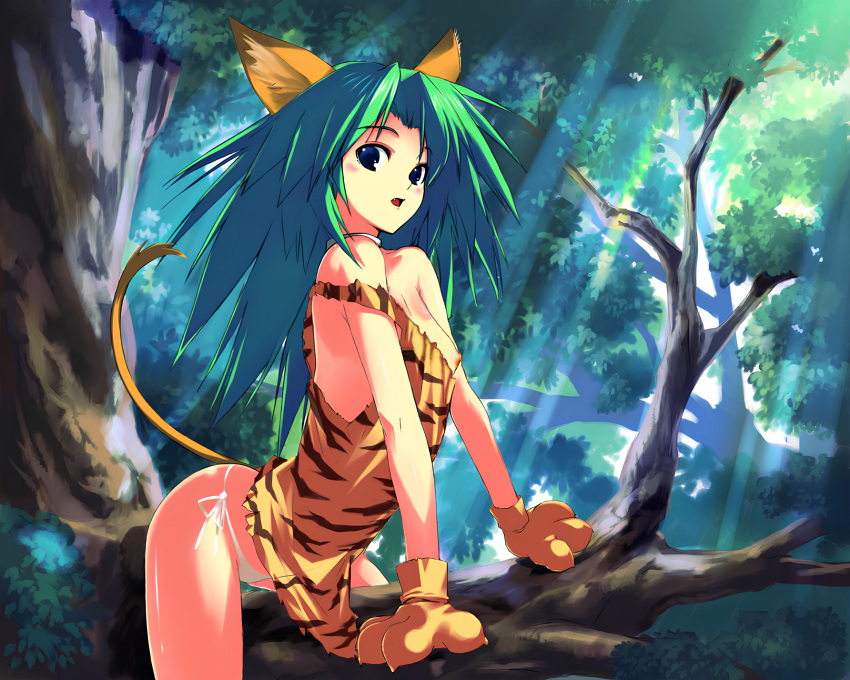 1girl Animal_ears blue_eyes 脸红 乳房 cat_ears cat_tail catgirl cham_cham Female_focus 手套 green_hair long_hair nature nekomimi 乳头 内裤 paw_gloves samurai_shodown samurai_spirits side-tie_panties snk 阳光内衣