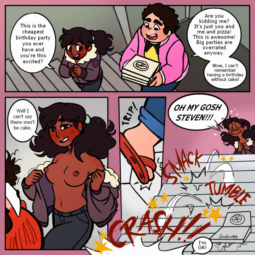 1boy 1girl old_up 乳晕 aviator_jacket big_breasts 生日 脸红 乳房 canon_情侣 卡通_网络漫画 connie_maheswaran 情侣 深色皮肤_女性 对话 英语 english_text 坠落 闪烁 flashing_breasts 全身夹克_开放式牛仔裤 男/女 中型乳房 乳头 老披萨 马尾辫 凉鞋 santan999 签名 演讲_泡泡楼梯 steven_quartz_universe诗句绊倒惊讶 talk_to_partner 文本 text_bubble