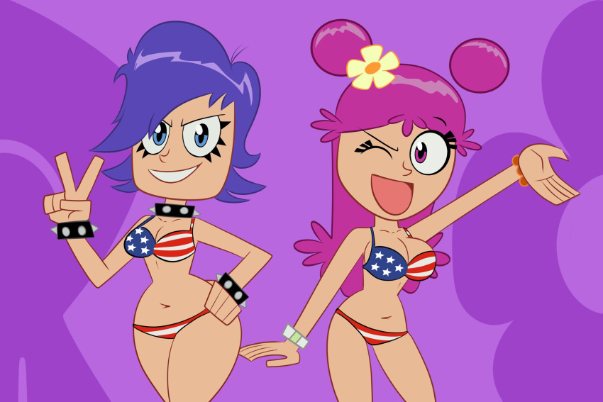 1girl 2_girls american_flag_bikini ami_onuki 比基尼 blue_eyes 乳房卡通_网络 hi_hi_puffy_amiyumi light_skinlooking_at_viewer 颈部领子 Pink_hair scobionicle99 微笑站立 yumi_yoshimura