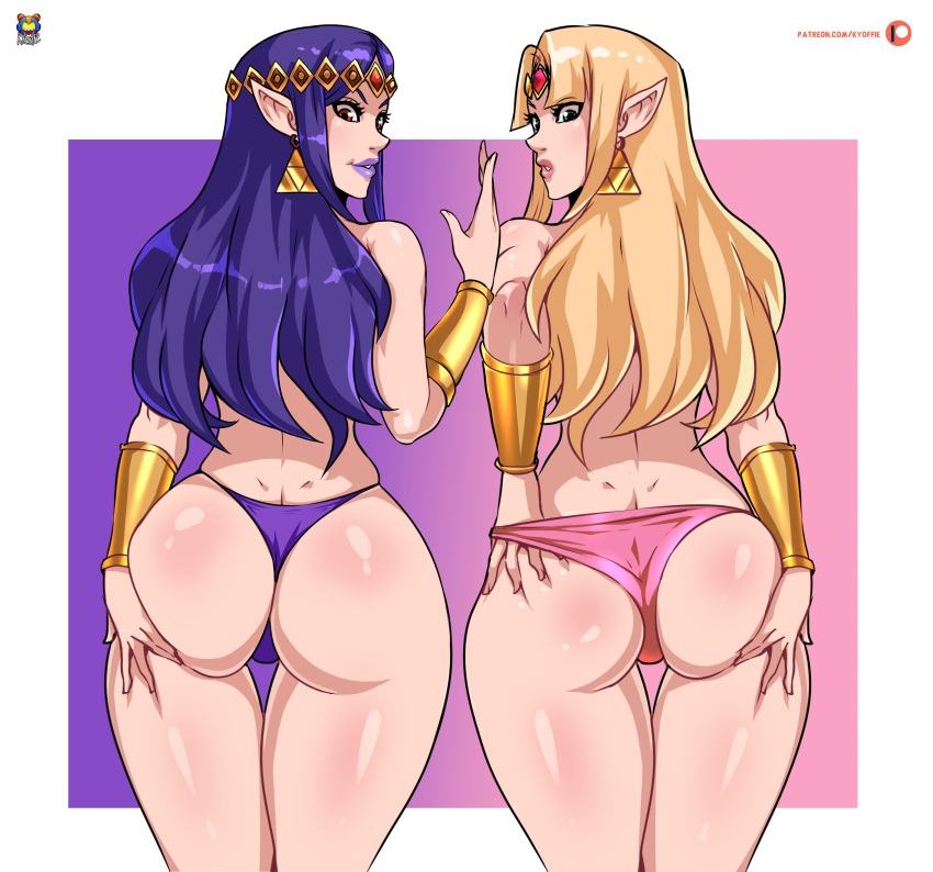 2_girls a_link_between_worlds ass_blush blonde_hair dark_hair dimples_of_venus double_ass_focus 耳环 头发 head_ornament hylian kyoffie 口红 长发 lorulean_earrings lorulian nintendo no_bra 内裤 粉色内裤 尖耳朵 公主 princess_hilda princess_zelda purple_hair purple_lipstick purple_panties Royalty take_your_pick the_legend_of_zelda the_legend_of_zelda:_a_link_between_worlds 丁字裤 triforce_earrings zelda_(a_link_between_worlds)