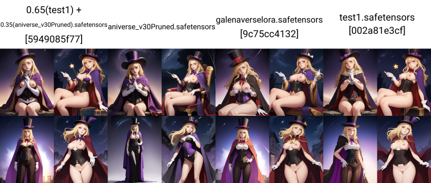 ai_generated 金发 金发女郎 金发女郎 乳房 紧身胸衣 魔术师 魔术师帽 乳头 粉色乳头 紫色眼睛 白手套 巫师长袍