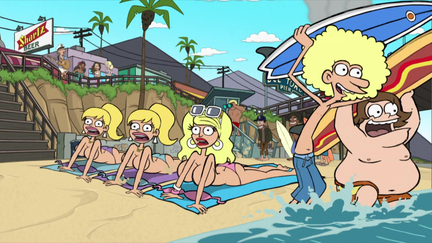 3girls 大胸 bj_kuntz 金发 好心情 hj_kuntz 趴着 milan_stone mondo_brando 马尾辫 头戴太阳镜 冲浪板 裸露上身女性 双胞胎 woodie_stone