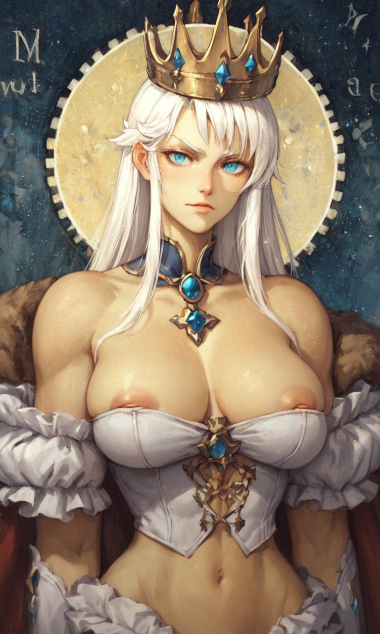 ai_generate bare_midriff big_breasts blue_eyes choker choker_necklaces 紧身胸衣 皇冠宝石 宝石首饰 long_hair nipple_slip nipples_visible_through_clothing 肖像 White_hair