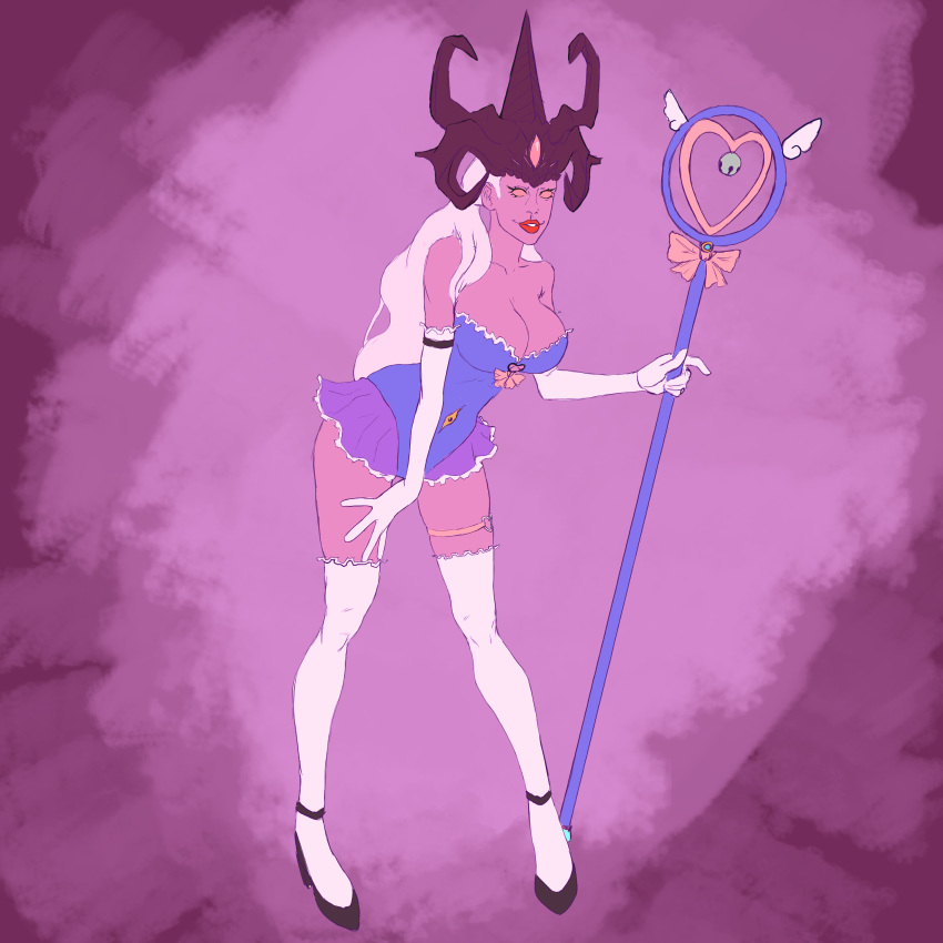 艺术家请求 娃娃装 大胸 恶魔 恶魔女孩 手套 口红 长手套 长头发 长大腿 magic_wand magic_girl mario_sack mary_janes newgrounds Pink_eyes Pink_skin 权杖 袖子 大腿 战锤_(特许经营) 战锤_40k 白色_头发