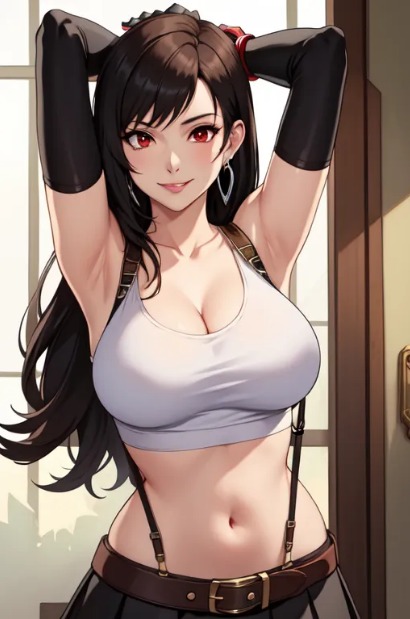 ai_generate big_breasts black_hair Brown_hair 耳环 Final_fantasy Final_fantasy_vii Hands_behind_head light_skin long_hairlooking_at_viewer red_eyes smile smiley_face Tank_top tifa_lockhart