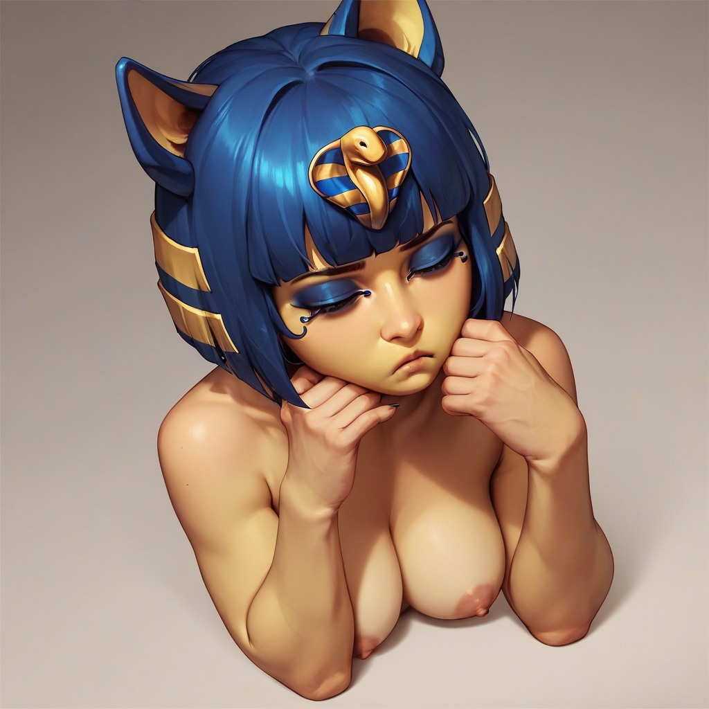 ai_generate ankha ankha_(animal_crossing) 蓝色头发 乳房 猫耳朵 闭上眼睛 埃及人 埃及人_衣服 埃及人_眼线 埃及人_女性 埃及人_头饰 双手放在头上 乳头_滑动 乳头 悲伤 悲伤_脸 短发 思考