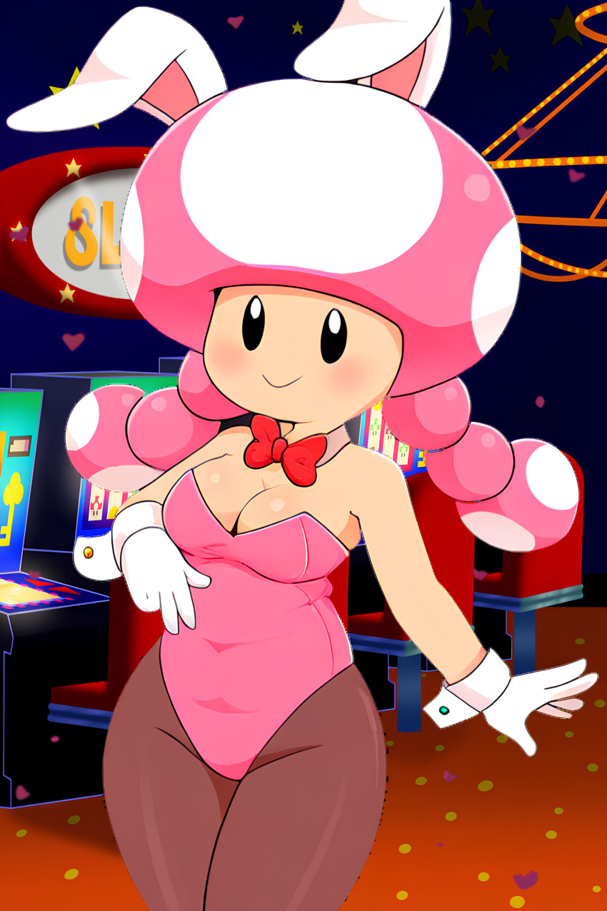 old_up ai_generate black_eyes 乳房 bunny_ears bunnysuit Casino Female_focus 手套looking_at_viewer mario_(series) 蘑菇_女孩 蘑菇_人形 任天堂 粉色_头发 花花公子_兔子 缎带 toadette twin_braids young_female