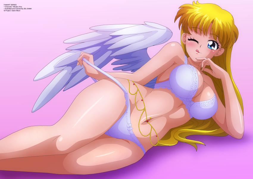 1girl 1girl absurd_res aino_minako 诱人的 天使翅膀 珠子 大乳房 bishoujo_senshi_sailor_moon 金发 蓝眼睛 腮红 蝴蝶结 蝴蝶结胸罩 蝴蝶结内裤 胸罩 乳沟 锁骨 高分辨率 长发 看着观众 说谎 肚脐 单眼闭合 内裤 拉内裤 别针 粉色背景 紫色胸罩 紫色内裤 sailor_mars 微笑 舌头 伸出舌头 内衣 翅膀 眨眼 zel-sama