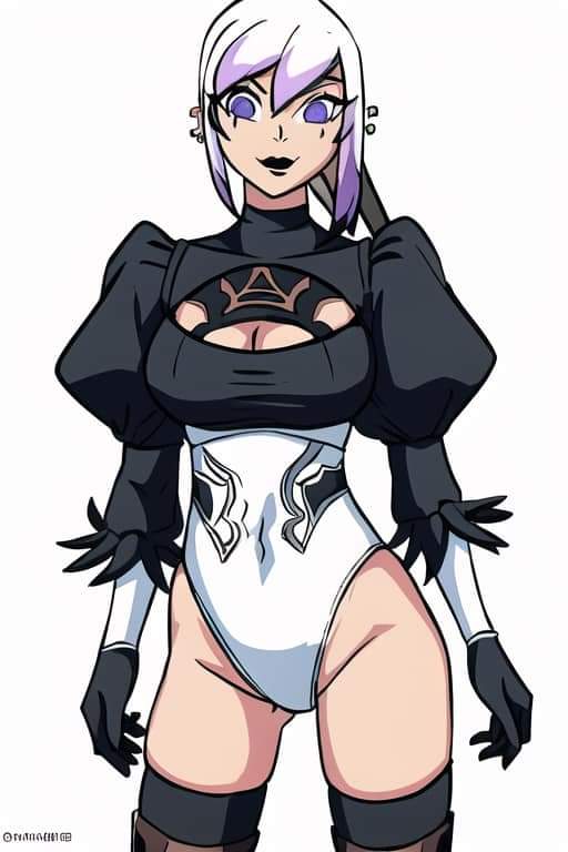 ai_generated ben_10 ben_10:_omniverse 紧身衣 boob_window charmcaster 染发 长发 长袖 女仆制服 nier:_automata 紫发 长袜 大腿 白发 yorha_2b_(cosplay)