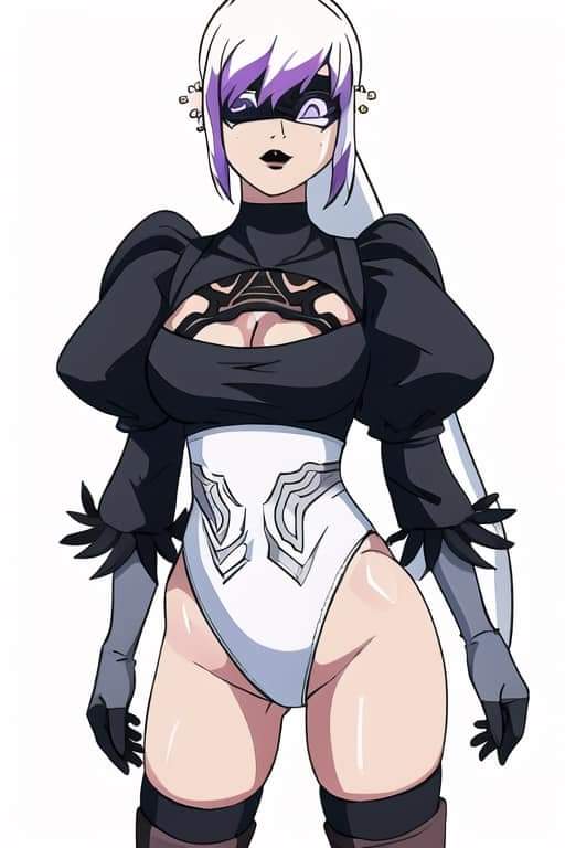 ai_generated ben_10 ben_10:_omniverse 紧身衣 boob_window charmcaster 染发 长发 长袖 女仆制服 nier:_automata 紫发 长袜 大腿 白发 yorha_2b_(cosplay)