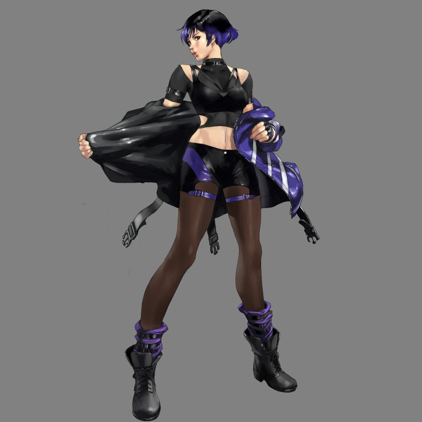 1girl 1girl :o 诱人的 手臂腰带 腰带 腰带衣领 黑色和紫色头发 黑色鞋类 黑色手套 黑色头发 黑色连裤袜 黑色运动胸罩 靴子 乳房 衣服镂空 衣领 彩色尖端 短上衣 面向侧面 无指手套 全身手套 渐变头发 灰色背景 眼睛之间的头发 高分辨率夹克 junny 松垮的腰带 宽松的袜子 中等胸部 腹部 多彩衣服 多彩头发 多彩夹克 namco 肚脐 官方艺术 开放式衣服 开放式夹克 张嘴 连裤袜 紫色头发 紫色夹克 紫色袜子 红色指甲 雷纳（铁拳） 短发 短裤 肩部镂空 简单背景 袜子 袜子套在连裤袜上 运动胸罩 站立 铁拳 铁拳 8 假小子 双色夹克 双色短裤 脱衣