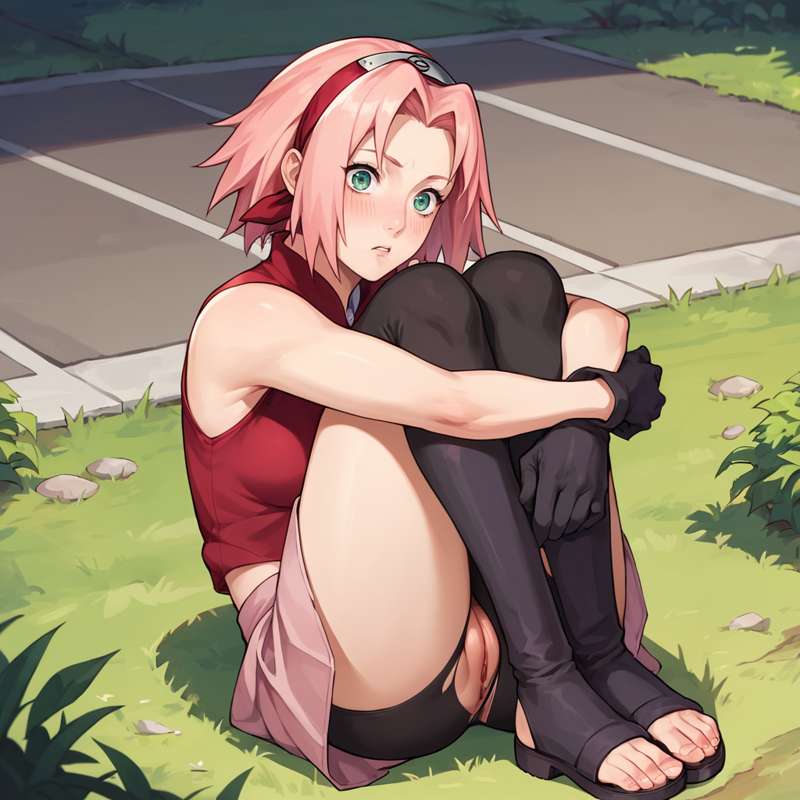 1girl ai_generated green_eyes naruto naruto_shippuden pink_hair pussy sakura_haruno tagme torn_pants