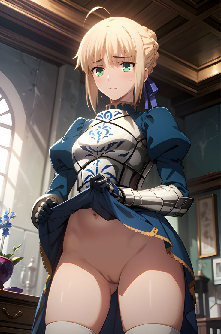 装甲连衣裙 artoria_pendragon artoria_pendragon_(命运) 金发 无底 命运_(系列) 绿眼睛 自己举起 举重连衣裙 长发 看着观众 低头 nekom14 无内裤 阴部 白色大腿