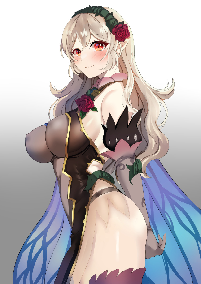 1girl 1girl 诱人的替代服装 大胸 腮红 corrin_(火焰纹章) corrin_(火焰纹章)_(女) corrin_(灿烂)_(火焰纹章)_(女) 火焰纹章 火焰纹章命运 火焰纹章英雄 灰发 长发 看着观众 任天堂 官方替代服装 尖耳朵 红眼睛 侧视图 侧胸 微笑 tara_(szzj7733) 大腿