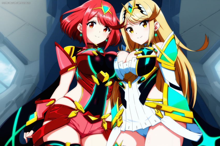 2_girls 诱人 大胸 金发 乳沟 穿衣服 koikoi_(艺术家) mythra nintendo 内裤 pyra 红眼睛 红头发 xenoblade_(系列) xenoblade_chronicles_2 黄眼睛