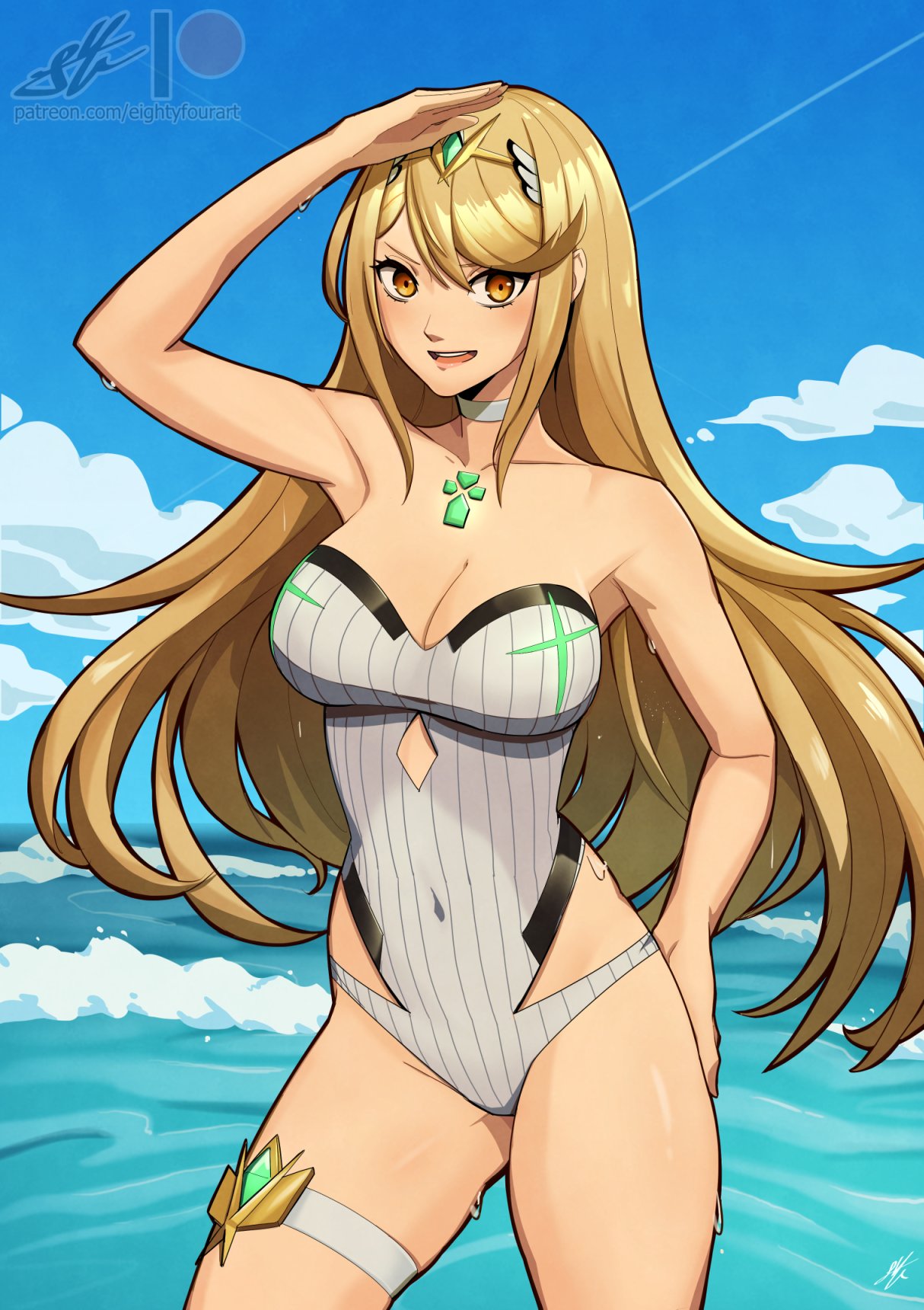 1girl 1girl 1girl 诱人比基尼 金发 core_crystal eightyfourart 仅限女性 mythra nintendo 连体比基尼 张嘴泳衣 tagme xenoblade_(series) xenoblade_chronicles_2