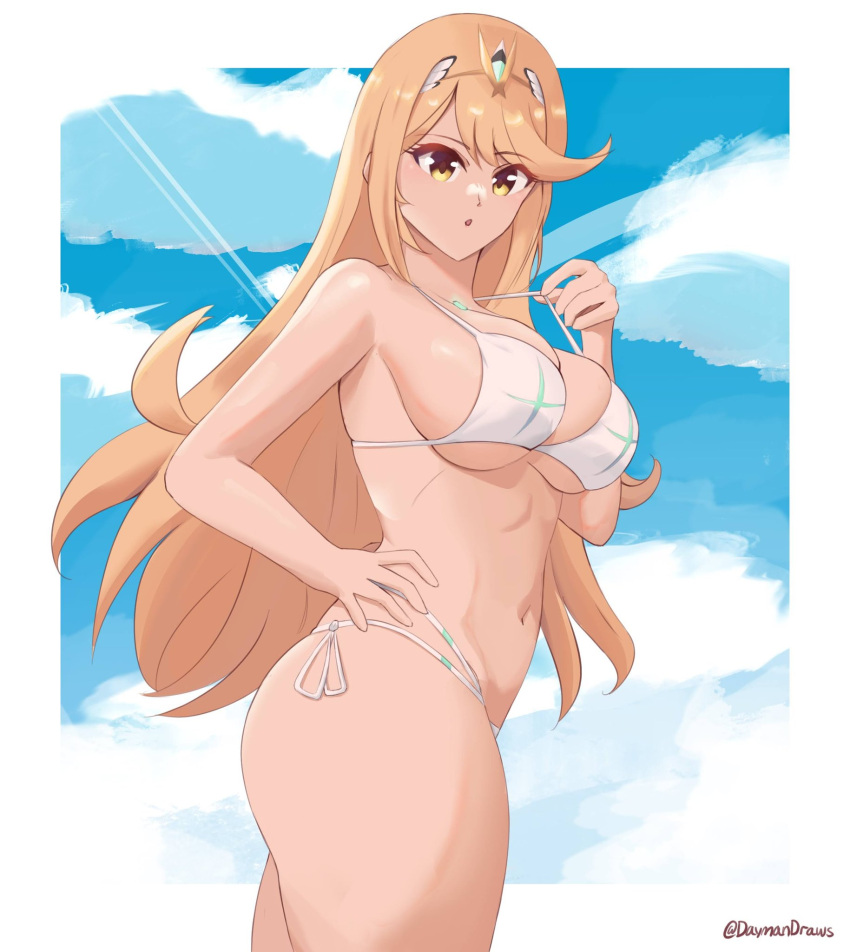 1girl 1girl 1girl 诱人 大胸 比基尼 乳沟 core_crystal daymandraws 女性专属 mythra nintendo 泳衣 under_boob xenoblade_(series) xenoblade_chronicles_2