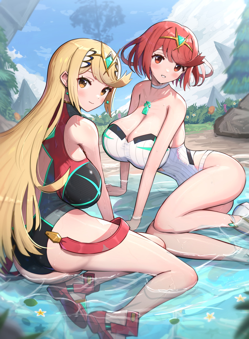 2_girls absurd_res 诱人 大胸 比基尼交换 金发 乳沟 冈萨雷斯 高分辨率 多个女孩 mythra mythra_(radiant_beach)_(xenoblade) mythra_(xenoblade) 一件式比基尼 pyra pyra_(pro_swimmer)_(xenoblade) pyra_(xenoblade) 红眼睛 红头发 xenoblade_(系列) xenoblade_chronicles_2 黄眼睛