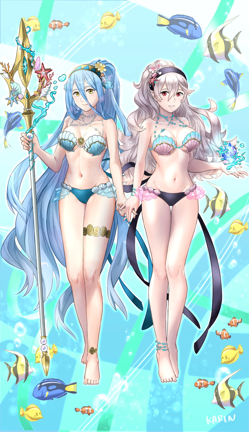 1girl 2_girls 6nutqd2kwd0iqcl absurd_res 诱人的替代服装替代发型 azura_(fire_emblem) 赤脚 大胸 比基尼 蓝色比基尼 蓝色头发 蓝色泳衣 corrin_(fire_emblem) corrin_(fire_emblem)_(女性) 角色扮演 脚 女性专用 火焰徽章 火焰徽章密码 火焰徽章命运 鱼 眼睛之间有头发 高分辨率 牵手 长发 中等乳房 多个女孩 肚脐 nintendo 官方替代服装 官方风格 贝壳 贝壳比基尼 泳衣 脚趾 很长的头发 黄色眼睛