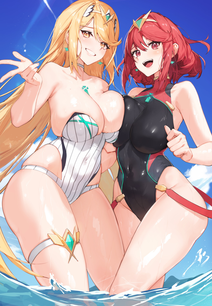 2_girls 荒诞的诱惑 裸肩 大胸 比基尼 黑色连体比基尼 金发 蓝天 腮红 乳房按压 胸部珠宝 云 核心水晶（异度之刃） 遮住肚脐 日 吊坠耳环 耳环 宝石 笑容 头饰 高分辨率珠宝 长发 看着观众 多个女孩 神话 神话（异度之刃） 连体比基尼 张开嘴 在外面 部分淹没 pyra pyra（异度之刃） 红眼睛 红发 罗纹比基尼 短发 天空 微笑 站立 无肩带 无肩带连体比基尼 条纹衣服 条纹连体泳衣 斜刘海 泳衣 对称对接 牙齿 大腿绑带 头饰 tunamayo_（dsasd751） 垂直条纹衣服竖条纹连衣裙比基尼 涉水 湿身 异度之刃（系列） 异度之刃编年史2 黄眼睛