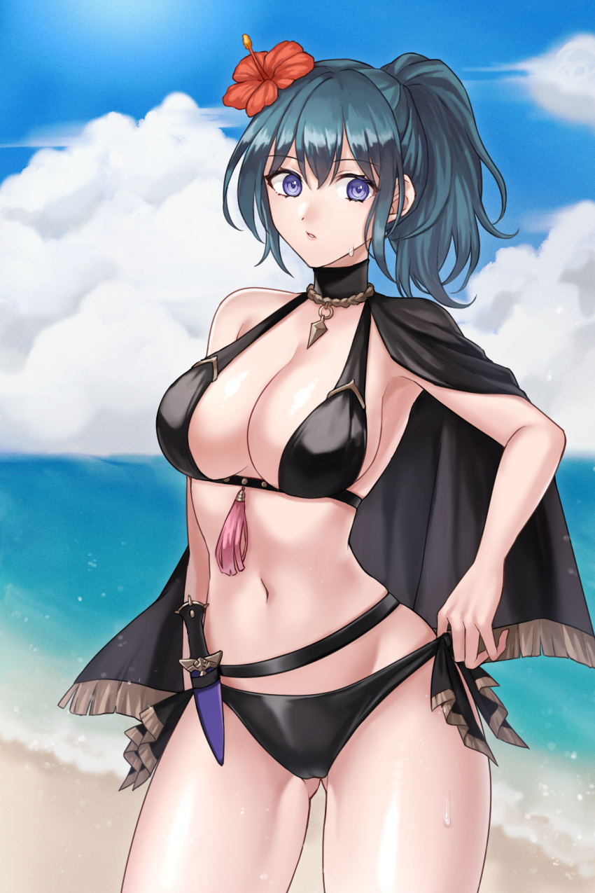 1girl 1girl 1girl 诱人 大胸 蓝眼睛 byleth_(fire_emblem) byleth_(fire_emblem)_(女) byleth_(夏季)_(fire_emblem)_(女) 仅限女性 火徽 火徽：_three_houses 火徽英雄 h_nyoro 任天堂 泳衣 青色头发