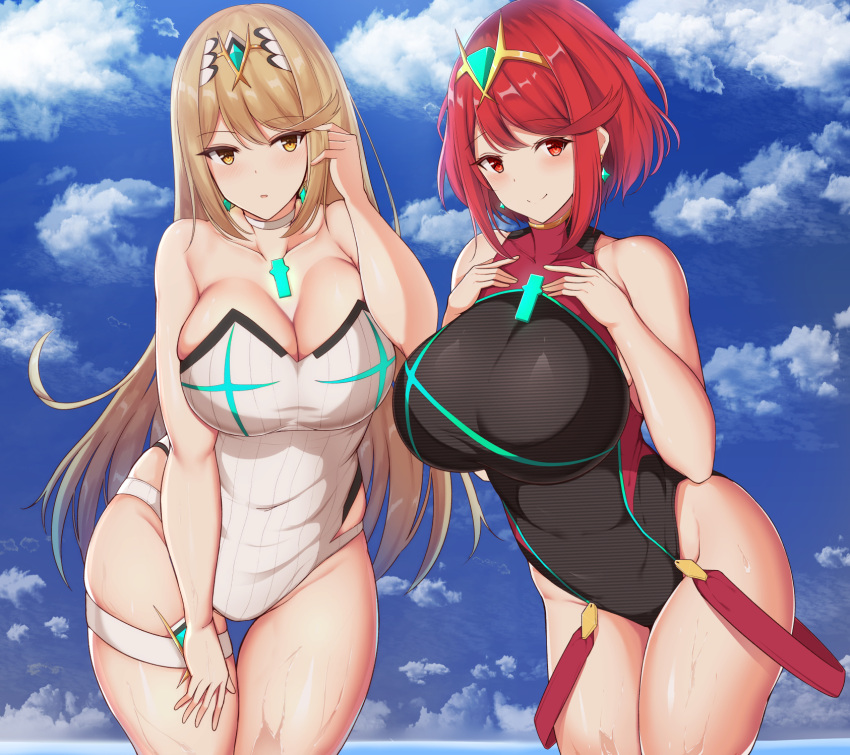 2_girls 调整头发 诱人刘海 大胸 比基尼 金发 蓝天 腮红 胸前珠宝 颈链 乳沟 乳沟切口 云 多云的天空 锁骨 牛仔镜头 日 双重角色 眉毛透过头发可见 宝石 手放在胸前 头饰 高分辨率 高腿 高腿泳衣 浅棕色眼睛 浅棕色头发 长发 看着观众 中等头发 多个女孩 多个角色 神话 任天堂 noeomi 一件式比基尼 一件式泳衣 外面 皮拉 红眼睛 红头发 肩甲 皮肤凹痕 天空 扫过刘海 泳衣 粗大腿 大腿间隙 大腿带 大腿 头饰 白色颈链 白色泳衣 xenoblade_(系列) xenoblade_chronicles_2 黄眼睛