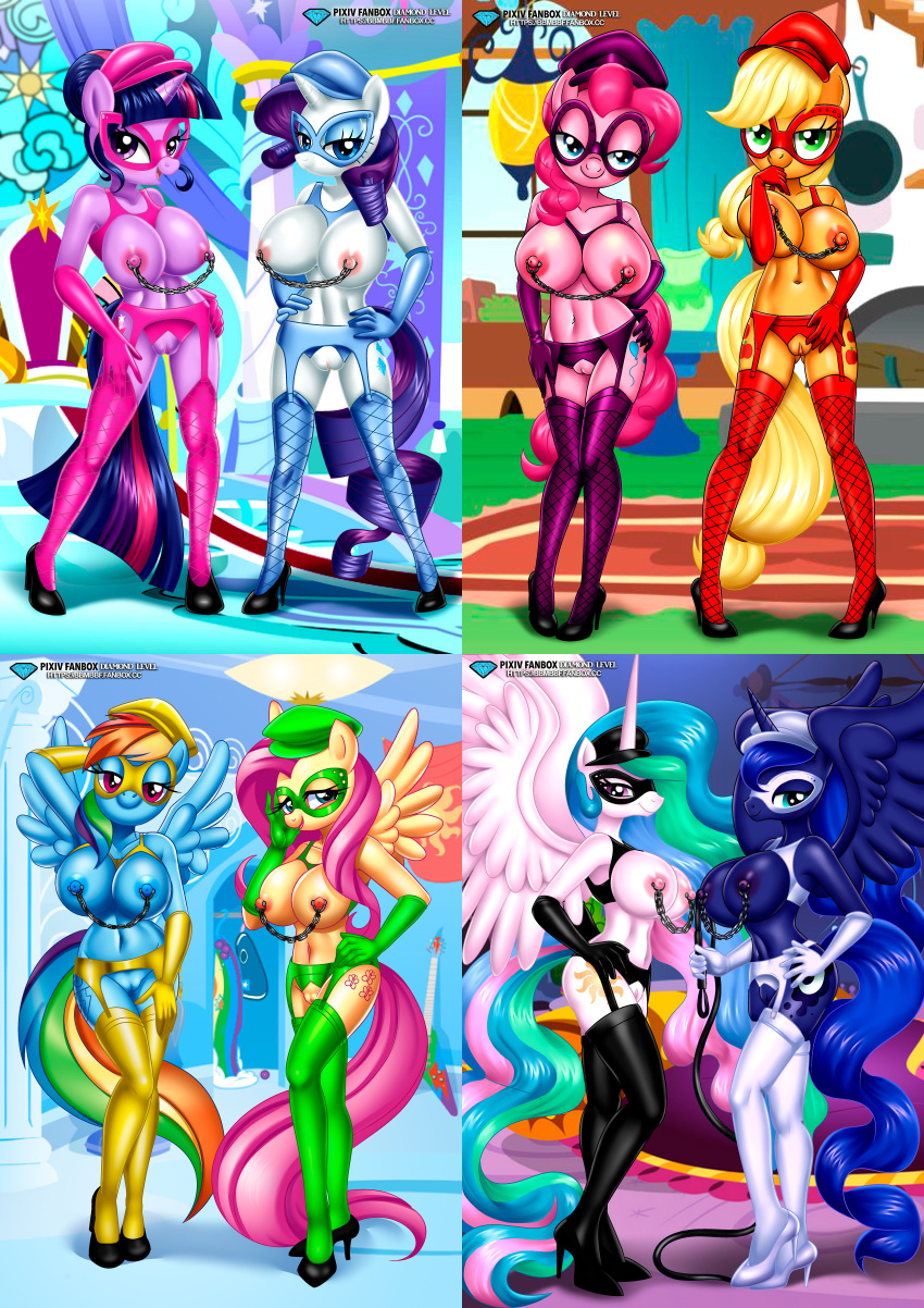 2_girls anthro anthro_only anthrofied applejack_(mlp) bbmbbf bdsm_gear black_stockings bondage bondage_outfit bracelet bracelets breasts diamond_level dominatrix domino_mask equestria_untamed female_focus fluttershy_(mlp) friendship_is_magic masked_girl multiple_girls my_little_pony nipple_chain nipples nude nude_male palcomix pietro's_secret_club pinkie_pie_(mlp) princess_celestia_(mlp) princess_luna_(mlp) rainbow_dash_(mlp) rarity_(mlp) shoes_only spiked_anklet stockings stockings_only studd studded_bracelet studded_collar twilight_sparkle_(mlp) url whip whip_marks yiff