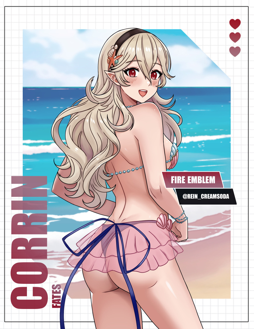 1girl 诱人 裸腿 大胸 比基尼 corrin_（火焰纹章） corrin_（火焰纹章）_（女性） corrin_（夏天）_（火焰纹章）_（女性） 仅限女性 火焰纹章 火焰纹章命运 火焰纹章英雄 人类 洋红眼睛 任天堂 rein_creamsoda 贝壳比基尼 贝壳比基尼 银色头发 塔格梅 白皮肤