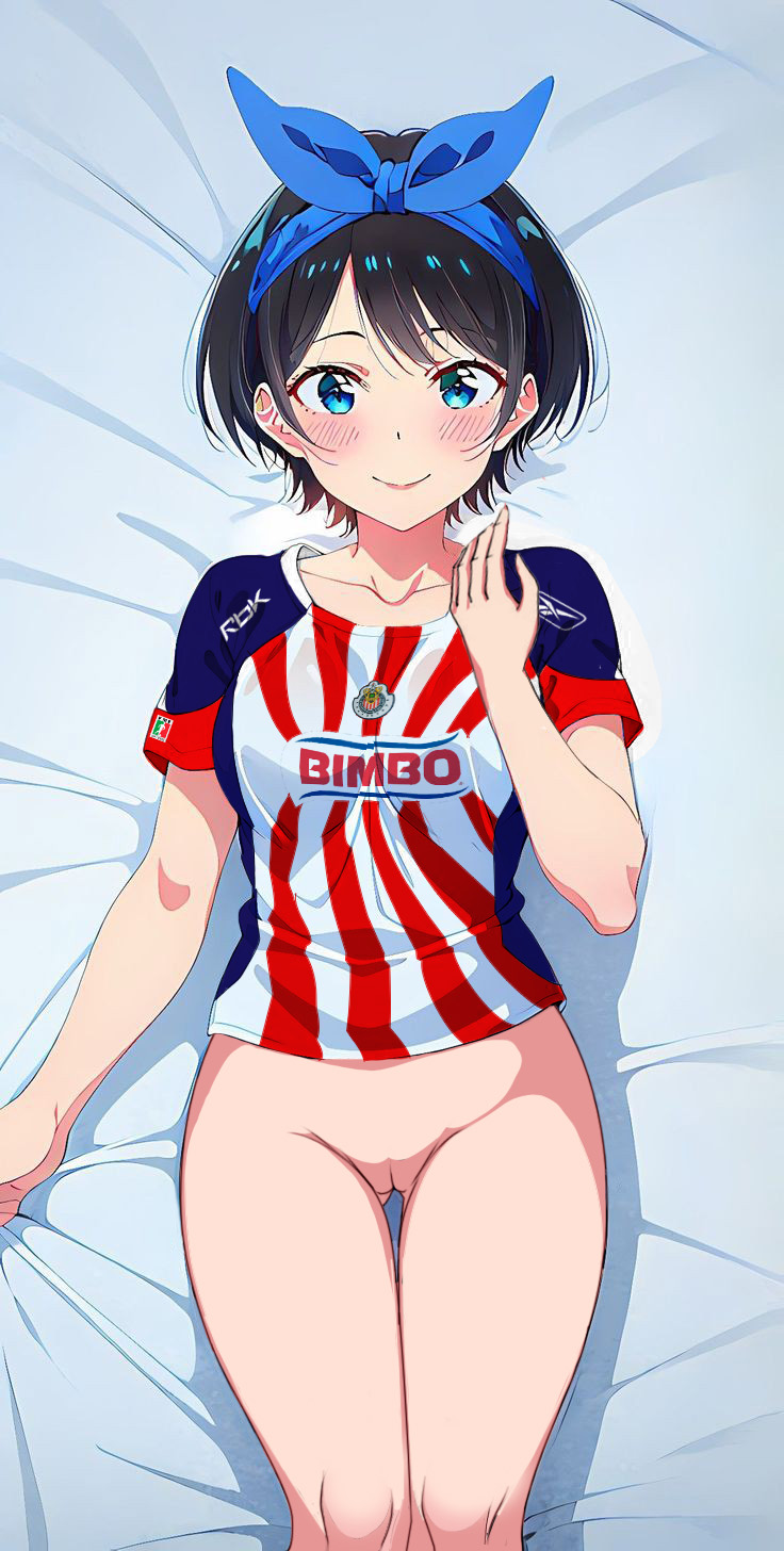 床 黑发 蓝眼睛 无底洞 chivas kanojo_okarishimasu 看着观众 nekom14 无内裤 无裤子 阴部 sarashina_ruka 短发 足球球衣