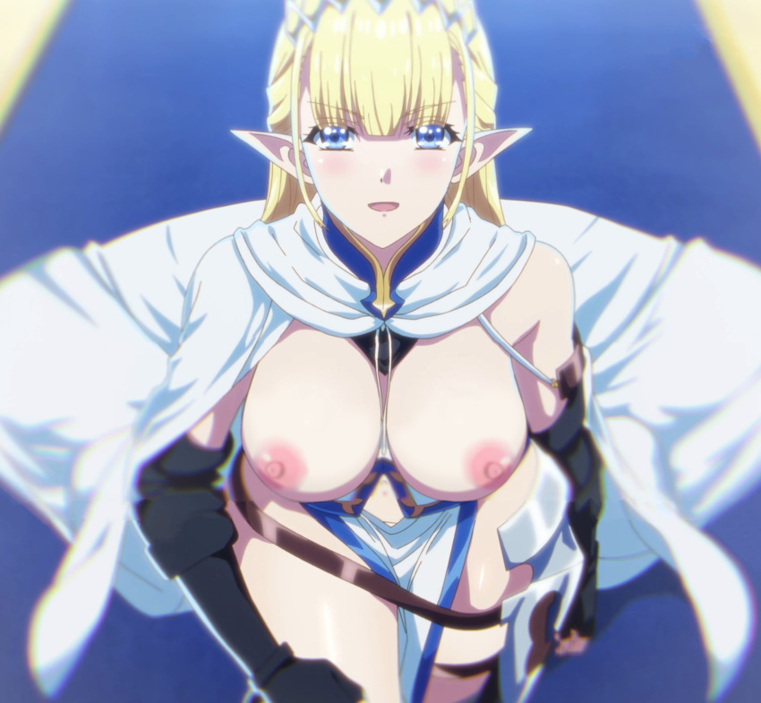 big_breasts silver_hair blue_eyes edit elf_ears elf_girl hazurewaku_no_joutai_ijou_skill_de_saikyou_ni_natta_ore_ga_subete_wo_juurin_suru_made long_hairlooking_at_viewer nekom14 乳头 no_bra screencap seras_ashrain 赤裸上身