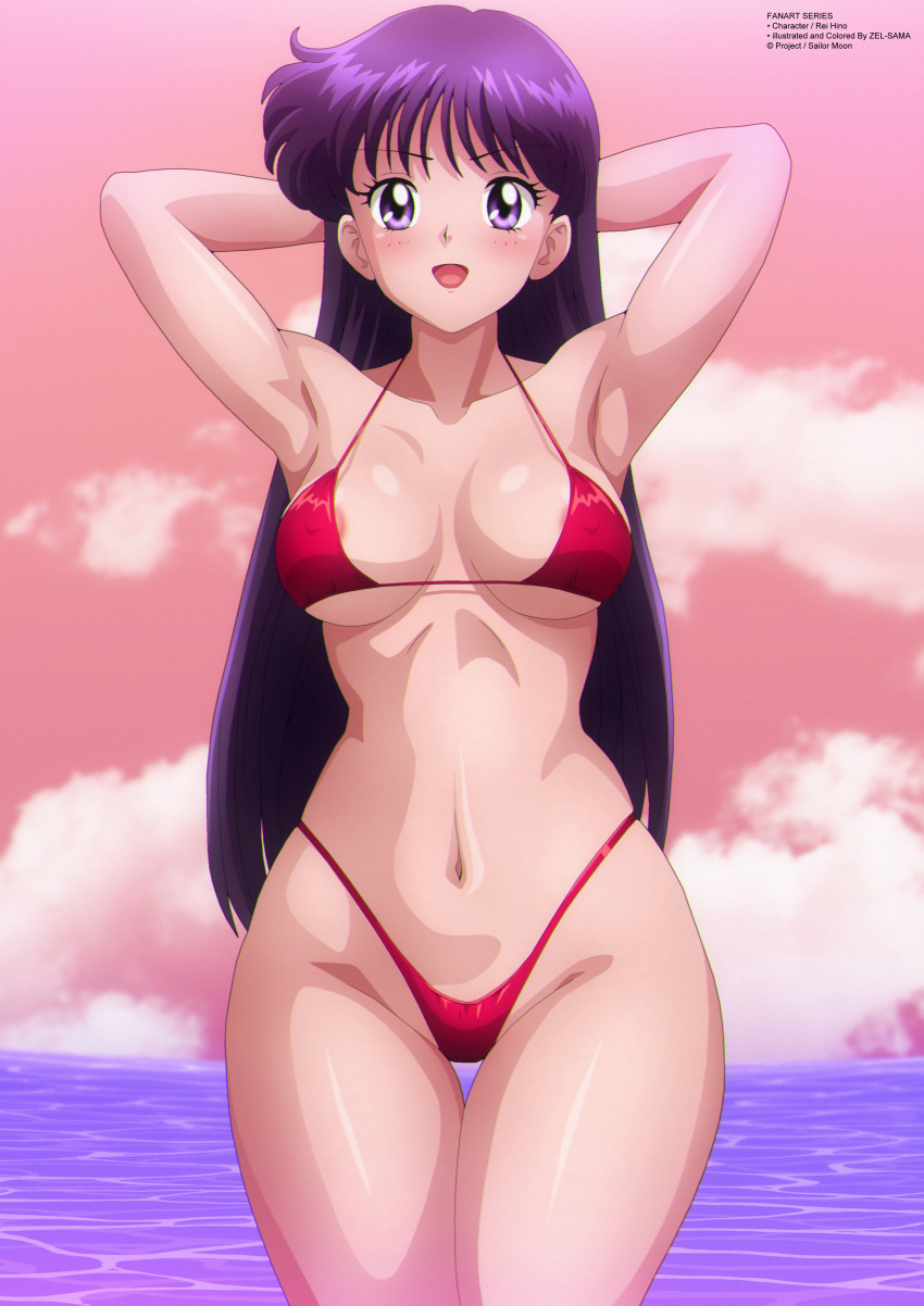 1girl absurd_res 诱人艺术家名称 bare_legs 海滩 大乳房 比基尼 bishoujo_senshi_sailor_moon black_hair 乳沟 高清晰度 乳头 海洋 pin_up Purple_hair rei_hino 日落泳装 toei_animation under_boob zel-sama