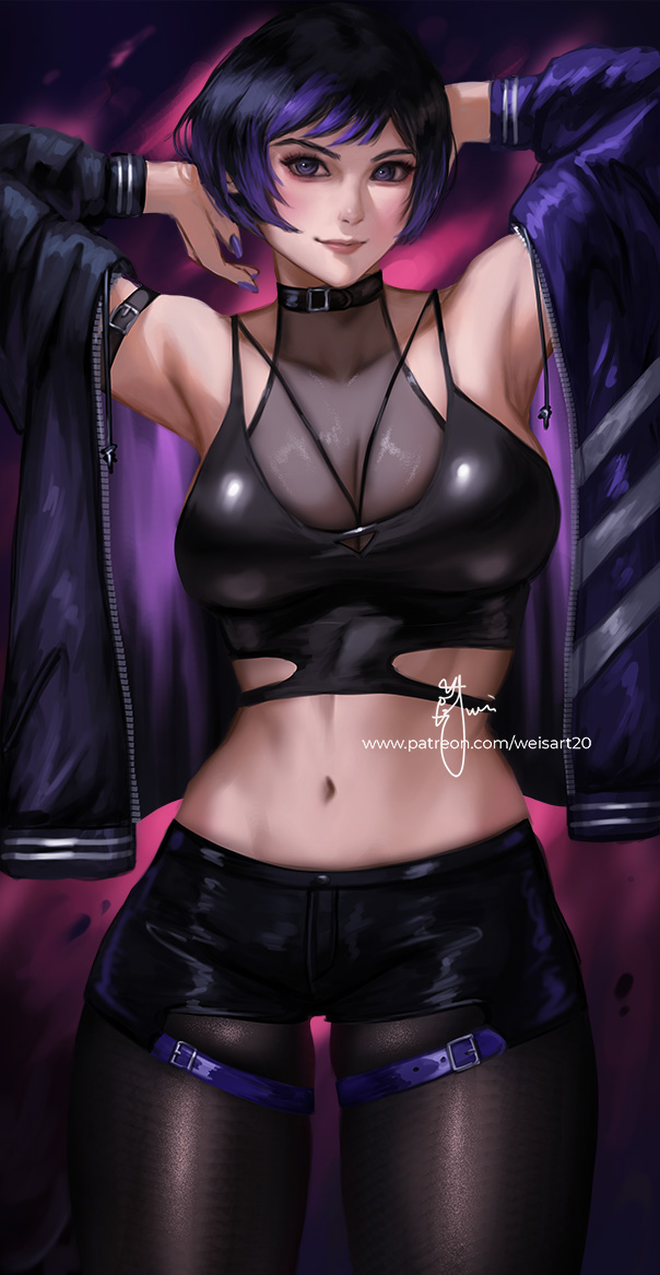 1girl 1girl 1girl 诱人 手臂_向上 大胸 黑色_紫色_头发 乳沟 女性_仅 全身衣服 浅肤色_女性 namco reina_(铁拳) 暴露_衣服 闪亮_衣服 短发 铁拳 铁拳_8 粗大腿 大腿_缝隙 紧身_服装 假小子 魏萨特