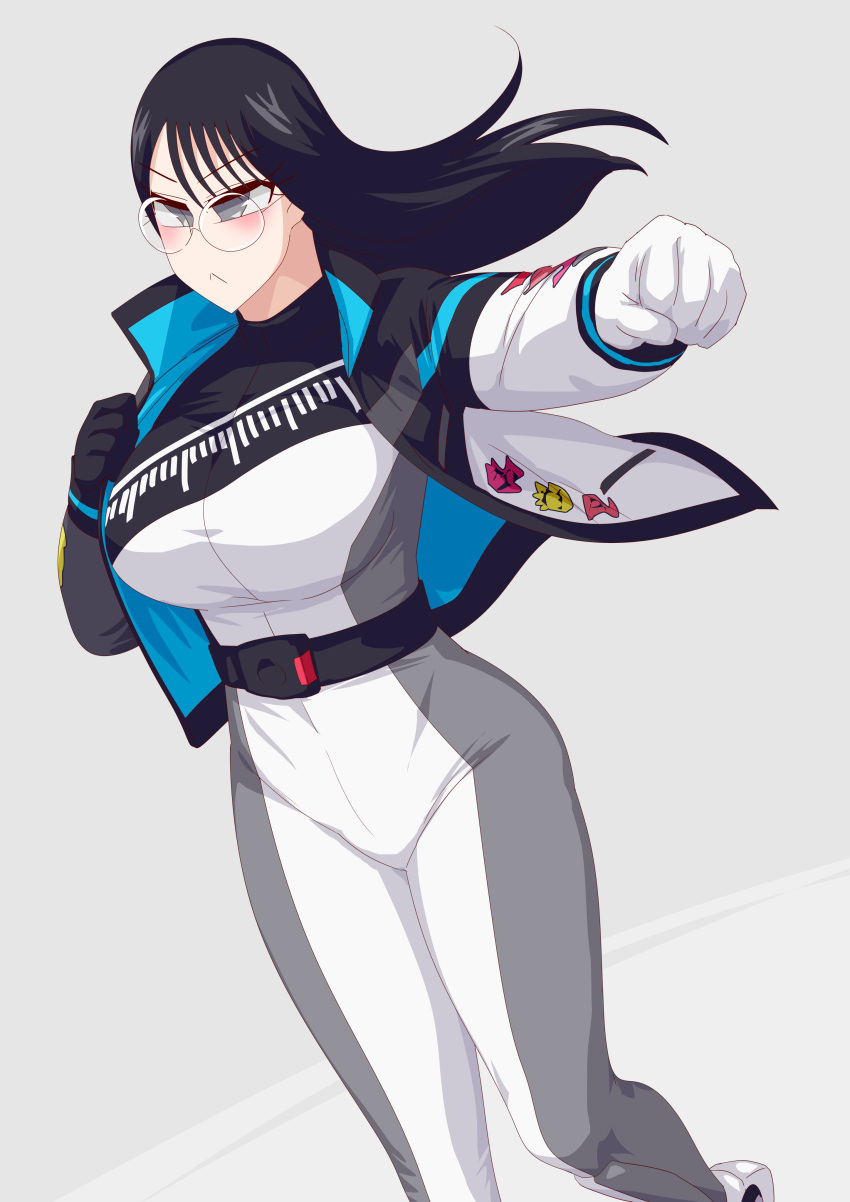 1girl 诱人 bakuage_sentai_boonboomger 腰带 大胸 black_hair 紧身衣裤 靴子 Champion_boonboomger 眼镜 手套 夹克 otokam1117 saibu_shirabe super_sentai